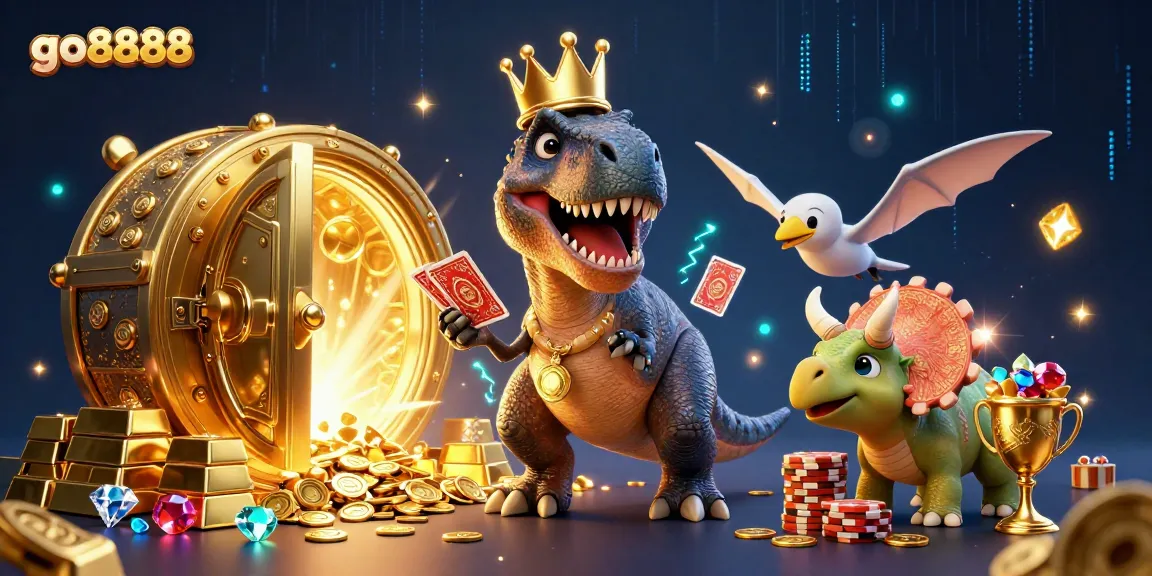 Win exciting jackpots at go8888 while a cartoon T-Rex shuffles cards with friends.