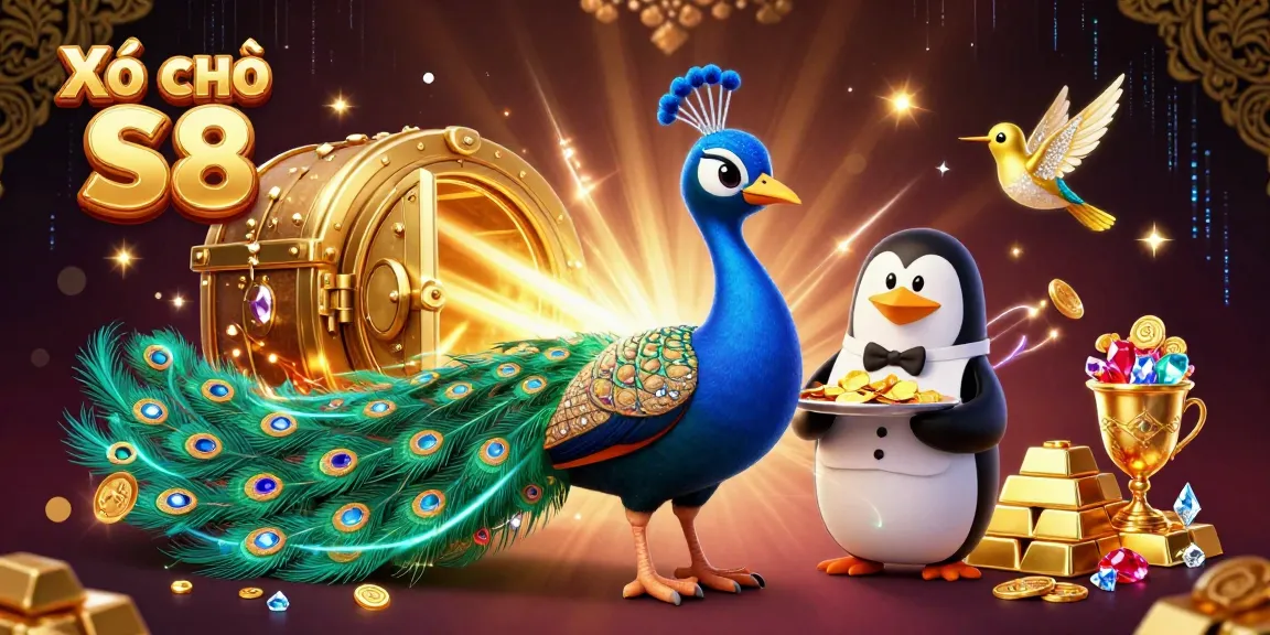Xổ số S8 features a vibrant 3D illustration of a peacock and penguin amidst gold treasures and engaging lottery elements.