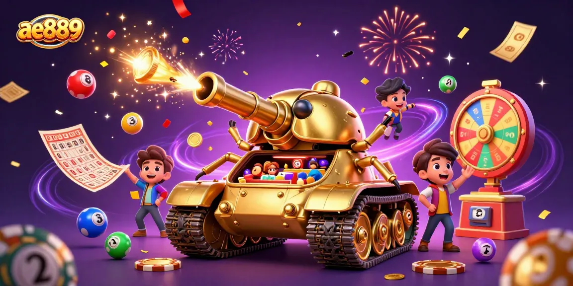 Immerse in ae889's vibrant casino world with a massive golden beetle tank and dynamic lottery elements.