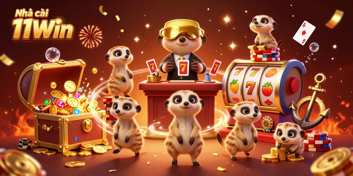 Experience thrills at Nhà cái 11Win with a vibrant casino scene showcasing meerkat dealers and treasures.