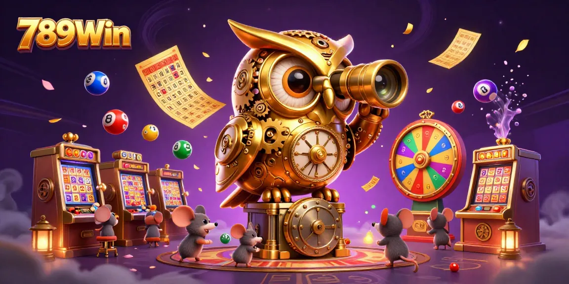 Engage with 789Win's captivating casino scene featuring a golden owl and playful mice amid dynamic gaming elements.