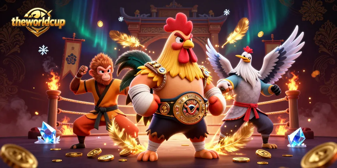 Theworldcup showcases an energetic scene with championship elements, featuring fighting characters and dynamic gambling tokens.