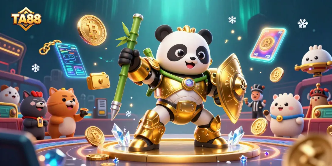 Engage in thrilling gameplay with TA88 featuring a gold panda mech and crypto elements.