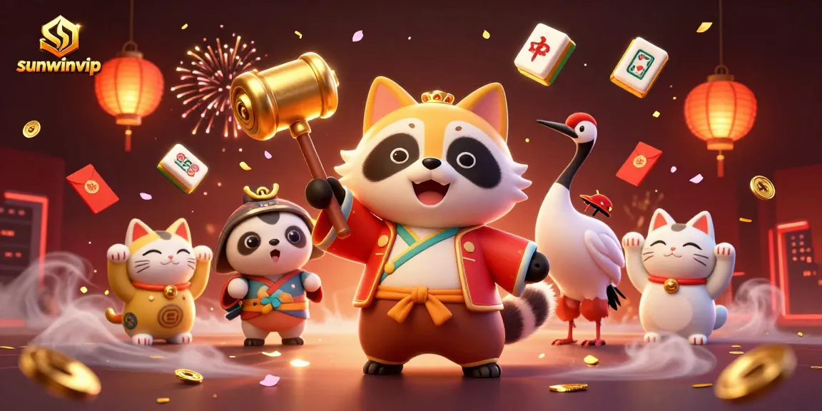 Experience exciting moments with sunwinvip as fortune cats and a playful raccoon celebrate gaming challenges.