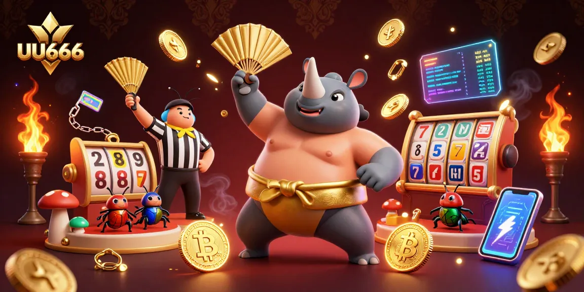 UU666 casino scene featuring a sumo beetle champion amidst gold coins and crypto elements.